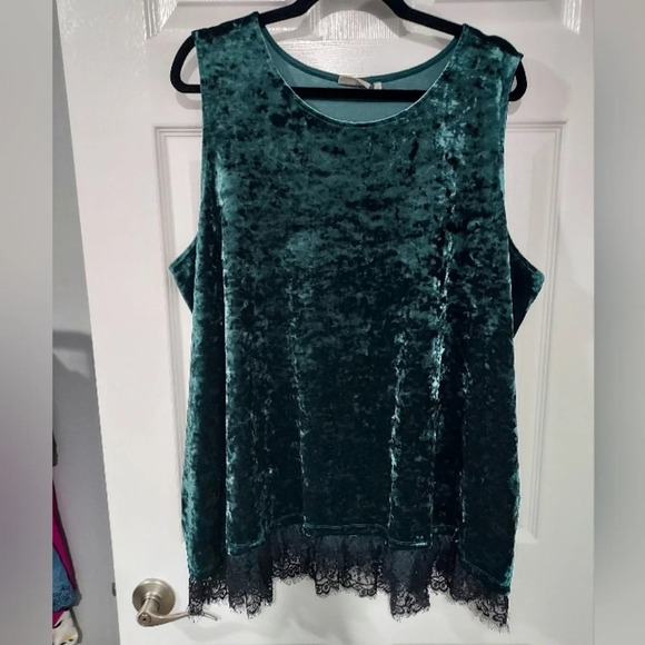 LOGO by Lori Goldstein Green Velvet Top with Black Lace Trim in Size 3X - Picture 1 of 9